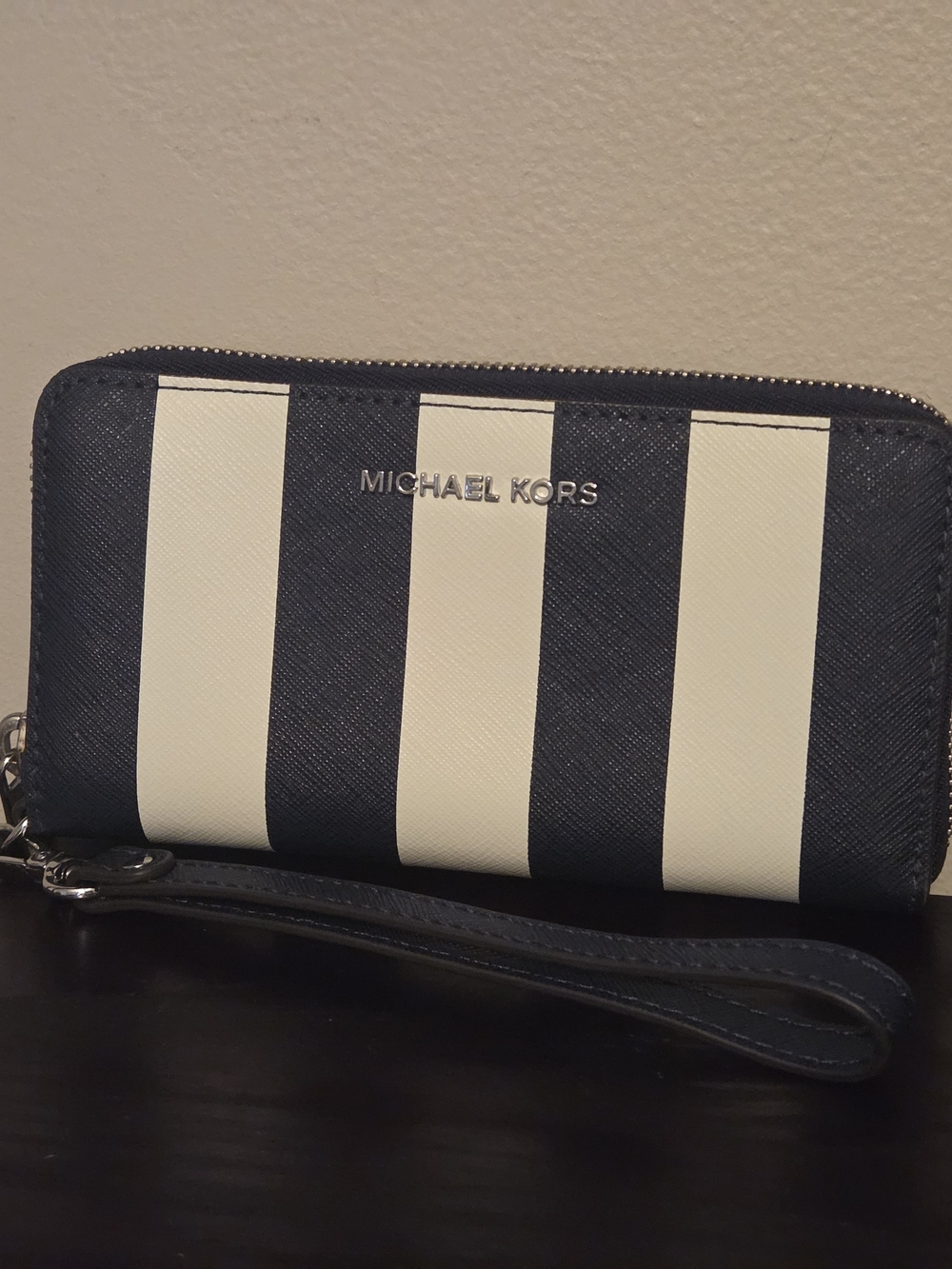 Michael Kors Navy and White Striped Wristlet